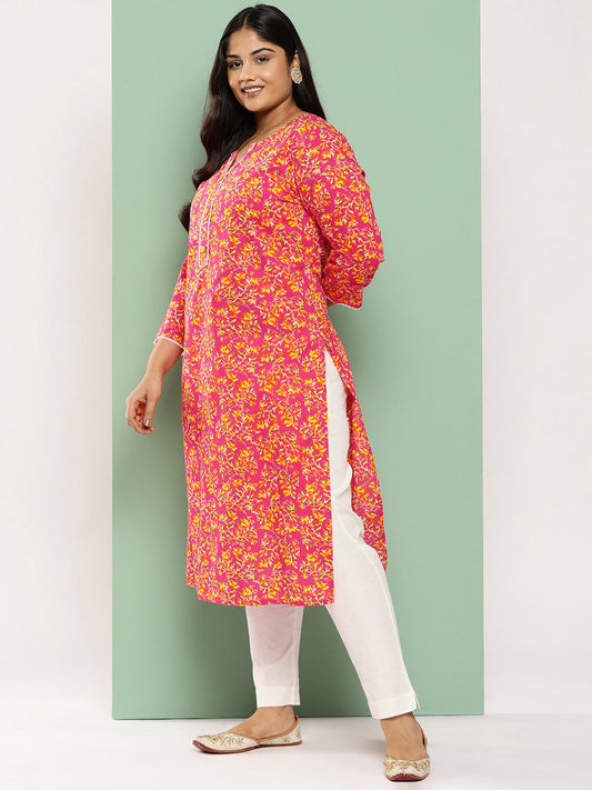 Women's Pink Floral Straight Kurta
