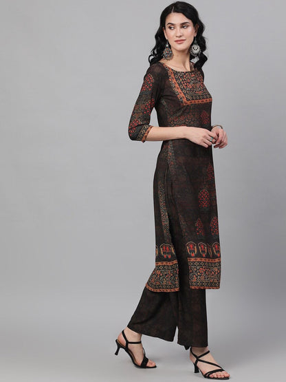Women's  Brown & Black Printed Kurta with Palazzos