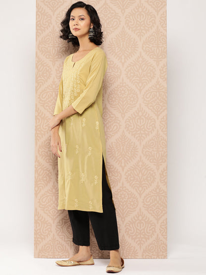 Women's Beige Floral Straight Kurta