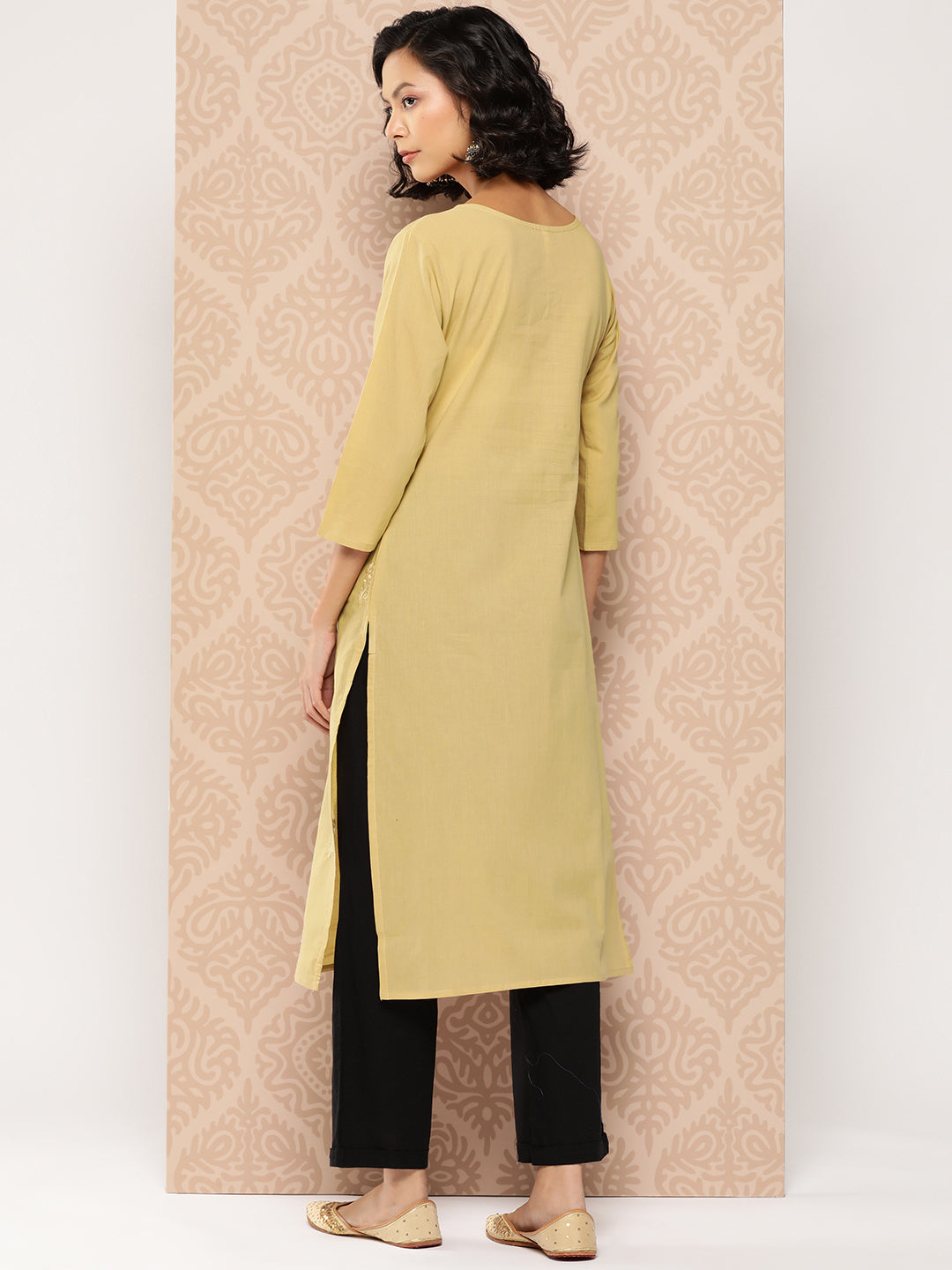 Women's Beige Floral Straight Kurta