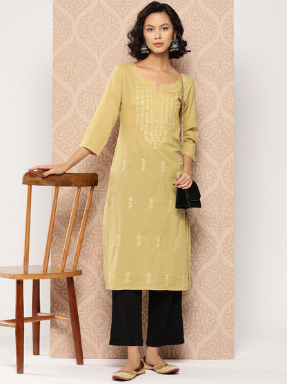 Women's Beige Floral Straight Kurta