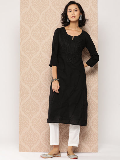 Women's Black Floral Straight Kurta