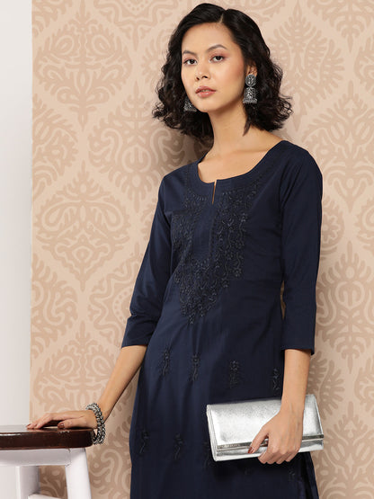 Women's Blue Floral Straight Kurta