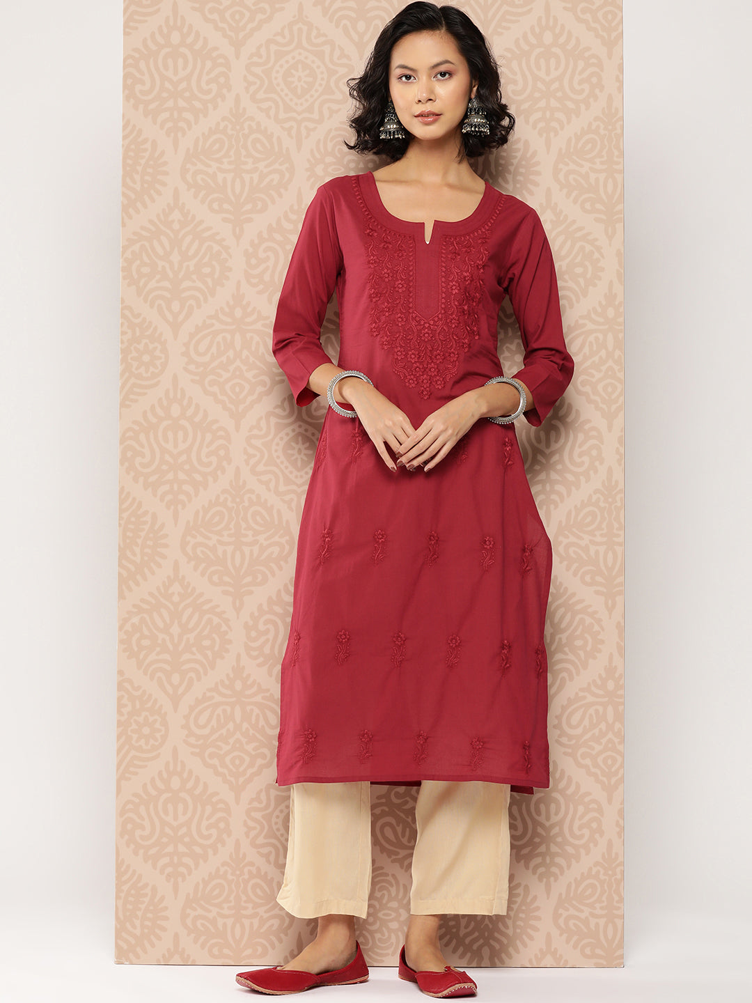 Women's Burgundy Floral Straight Kurta