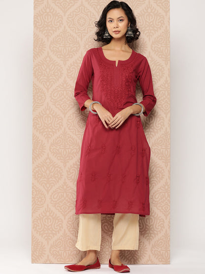 Women's Burgundy Floral Straight Kurta