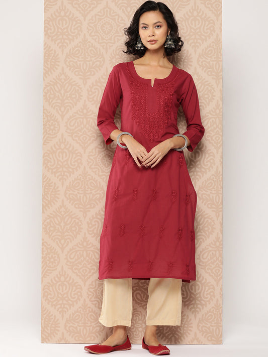 Women's Burgundy Floral Straight Kurta