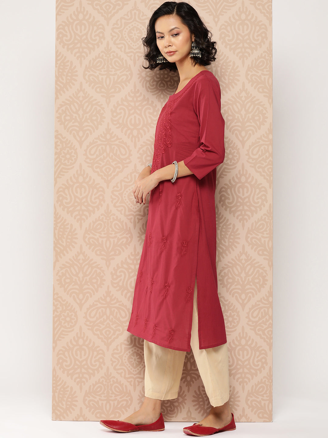 Women's Burgundy Floral Straight Kurta