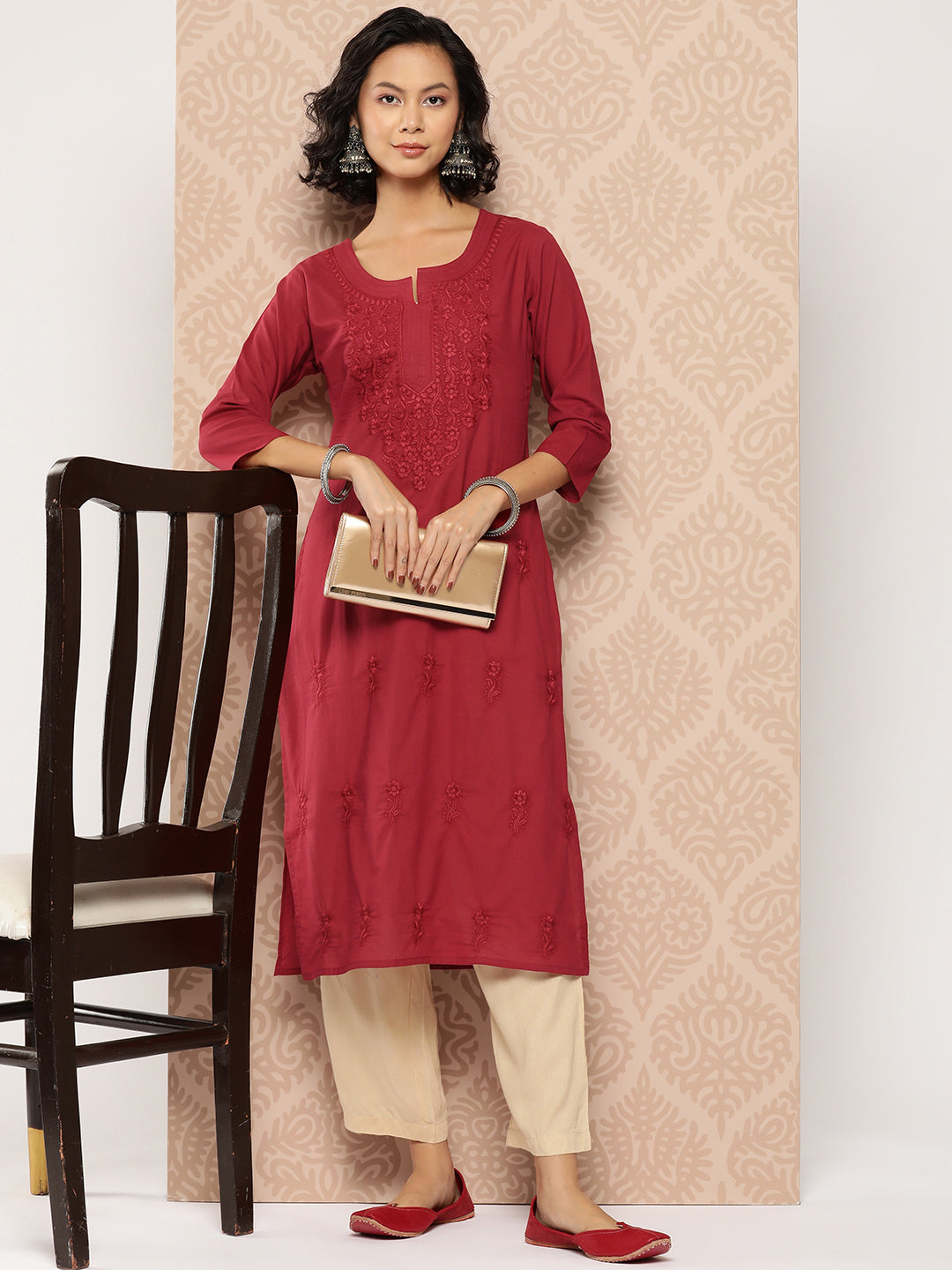 Women's Burgundy Floral Straight Kurta