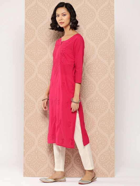 Women's Pink Floral Straight Kurta