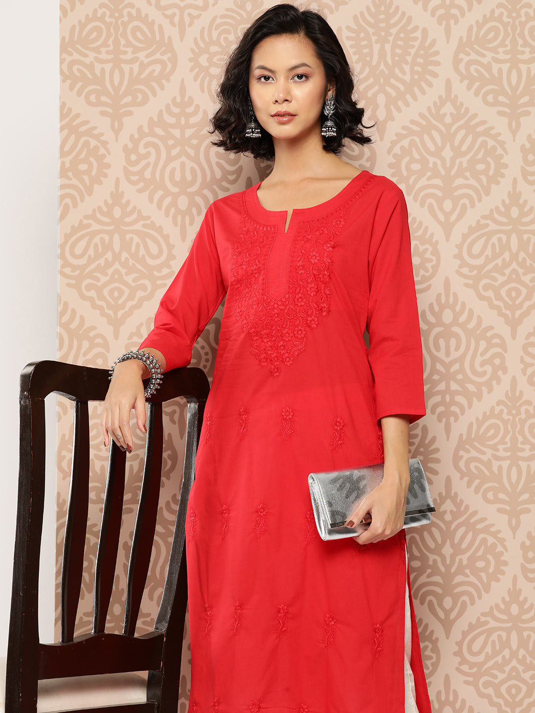 Women's Red Floral Straight Kurta