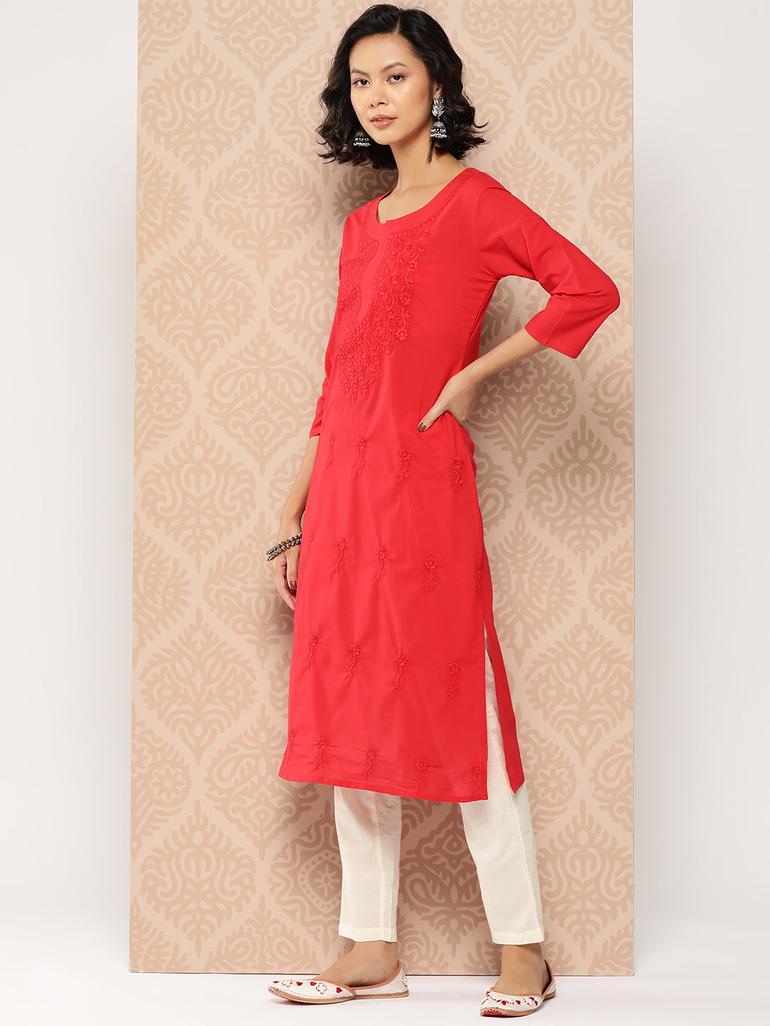 Women's Red Floral Straight Kurta