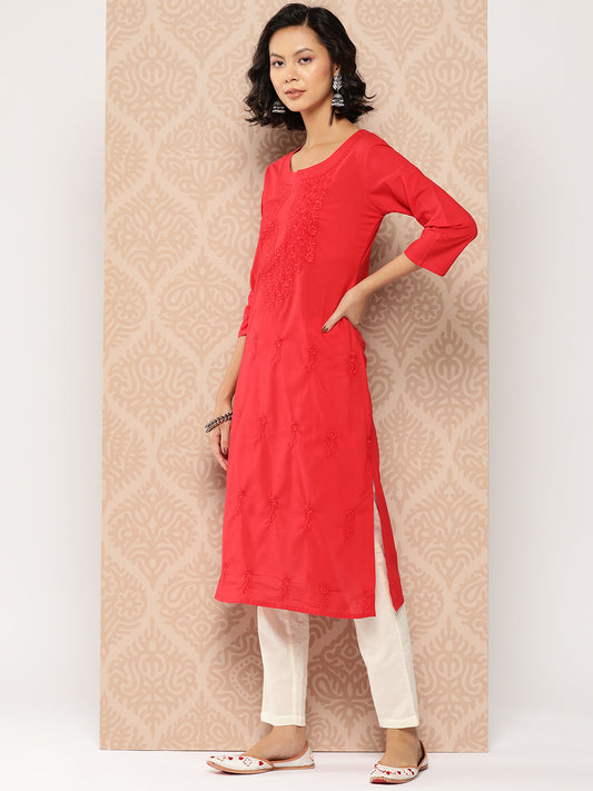 Women's Red Floral Straight Kurta