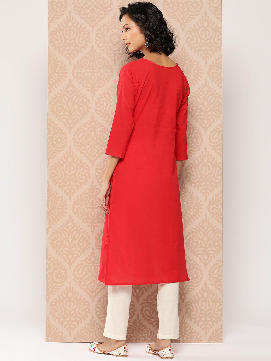 Women's Red Floral Straight Kurta