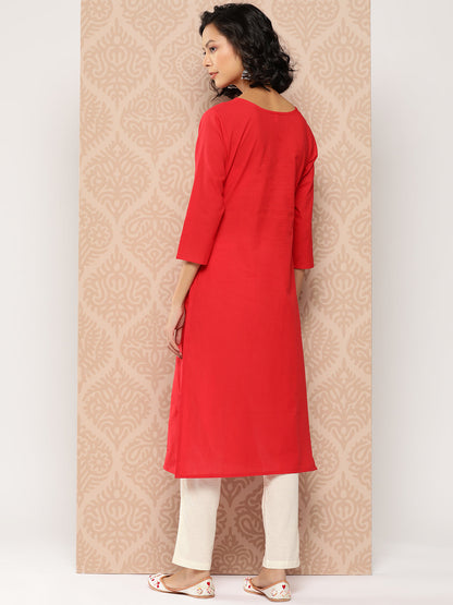 Women's Red Floral Straight Kurta