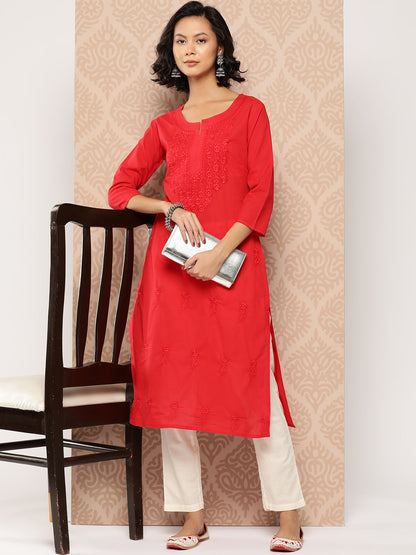 Women's Red Floral Straight Kurta