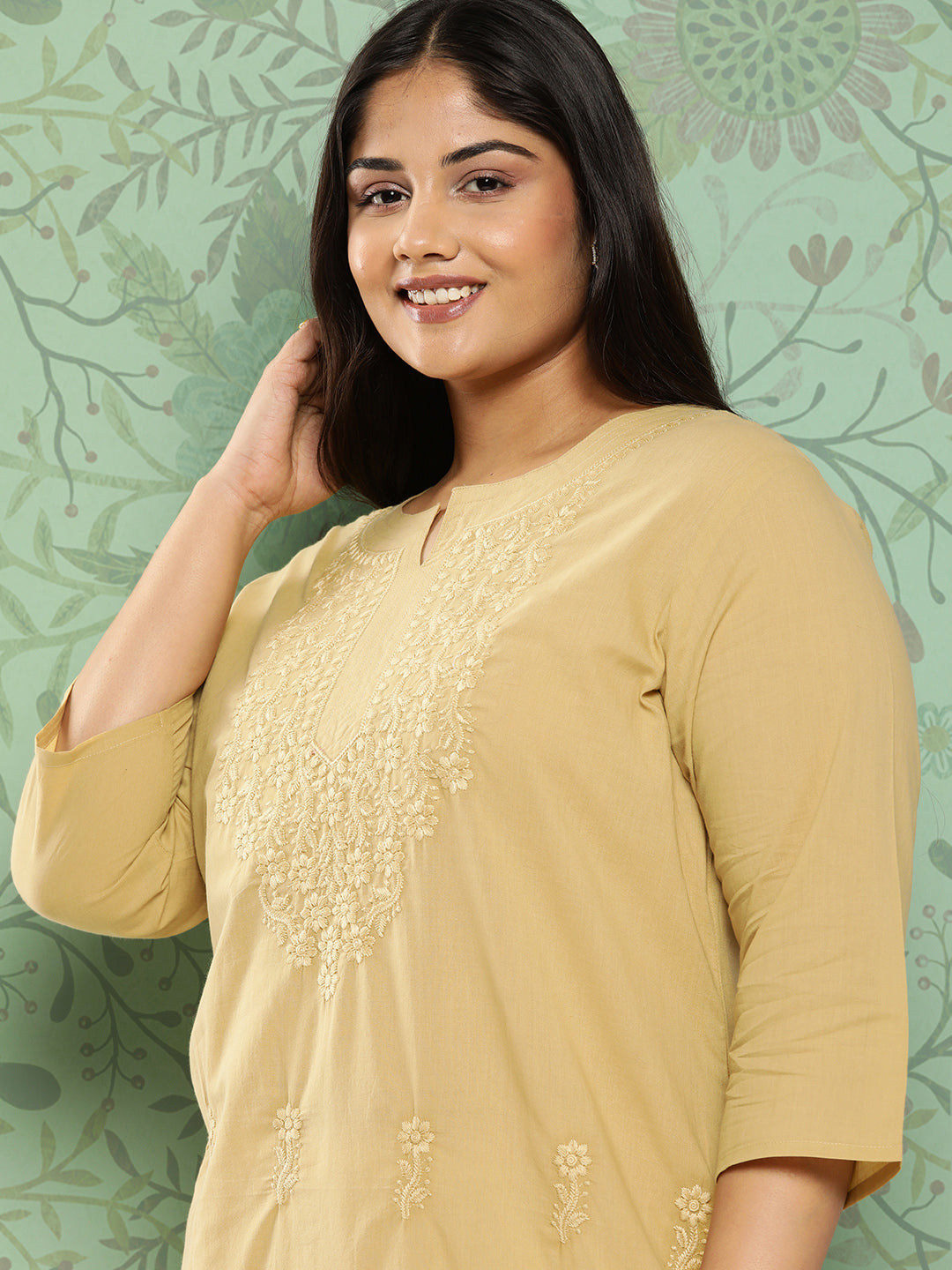 Women's Beige Floral Straight Kurta