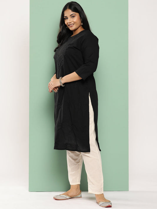 Women's Black Floral Straight Kurta