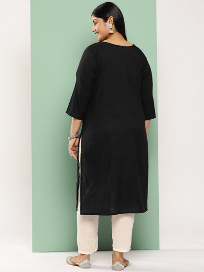 Women's Black Floral Straight Kurta
