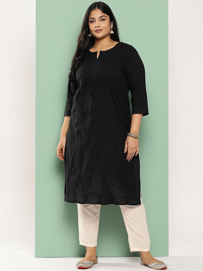 Women's Black Floral Straight Kurta