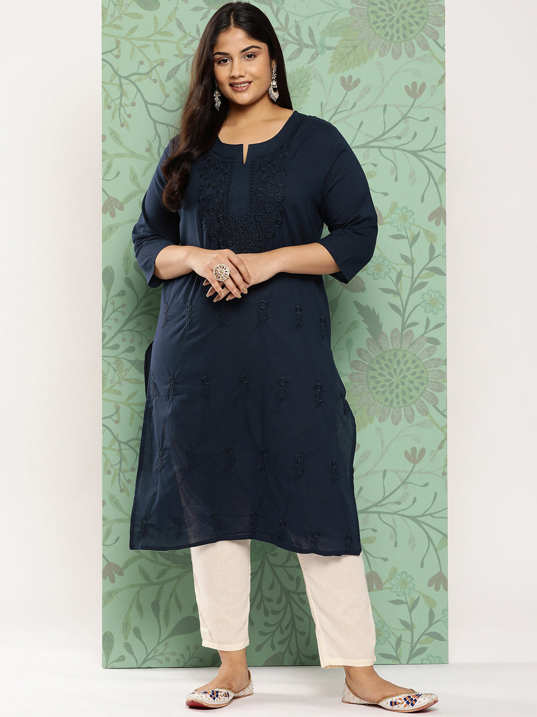 Women's Blue Floral Straight Kurta