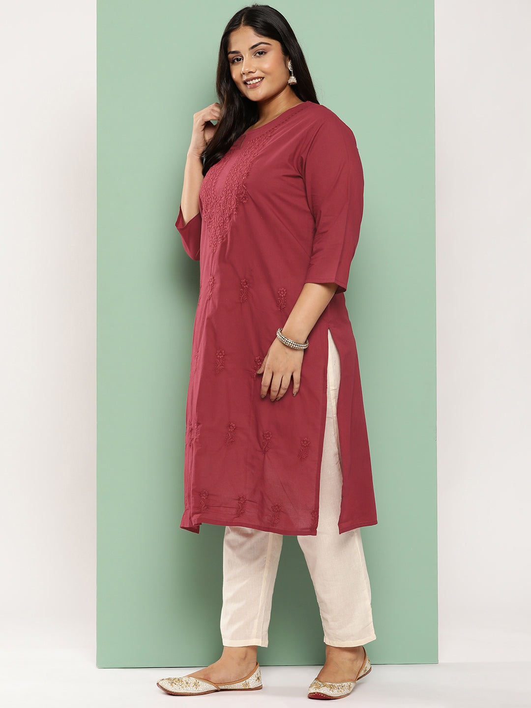 Women's Burgundy Floral Straight Kurta