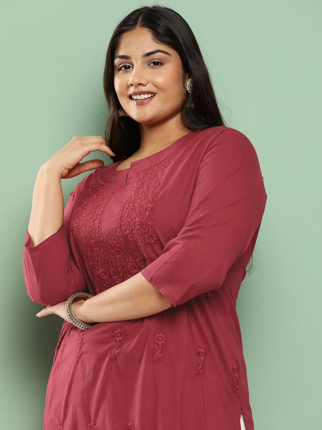 Women's Burgundy Floral Straight Kurta