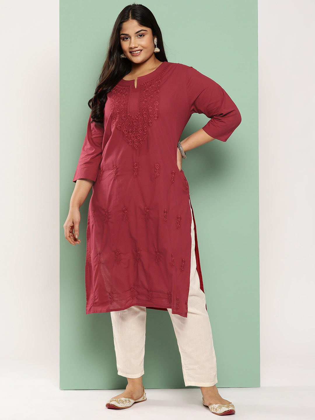 Women's Burgundy Floral Straight Kurta