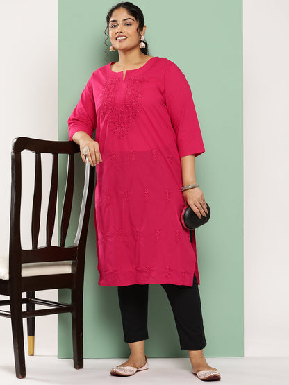 Women's Pink Floral Straight Kurta