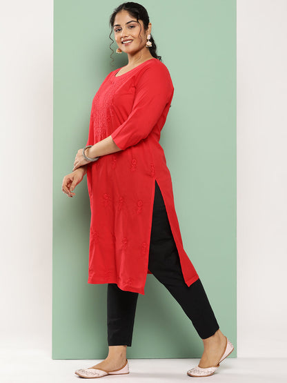 Women's Red Floral Straight Kurta