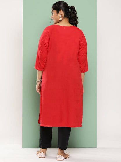 Women's Red Floral Straight Kurta