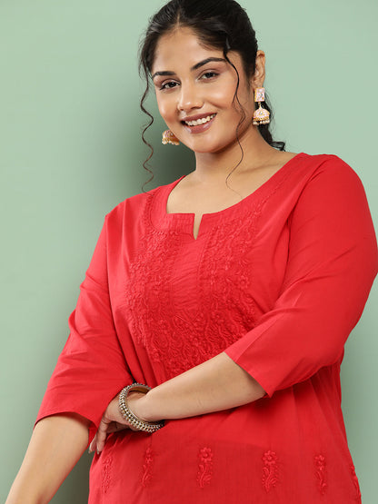 Women's Red Floral Straight Kurta