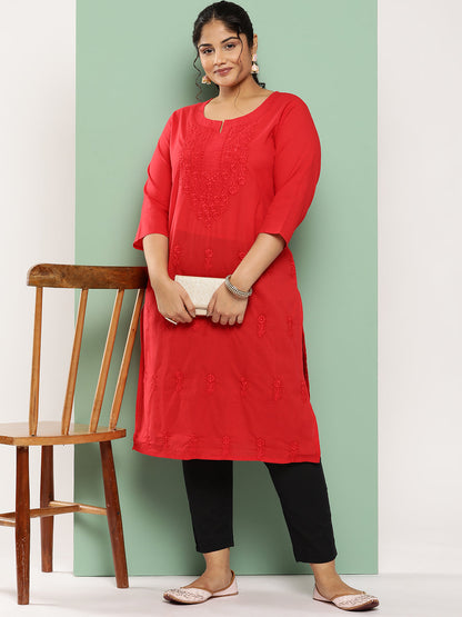 Women's Red Floral Straight Kurta