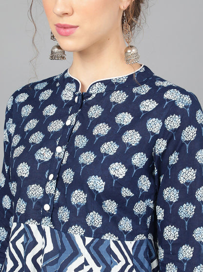 Women's  Navy Blue & White Printed Anarkali Kurta