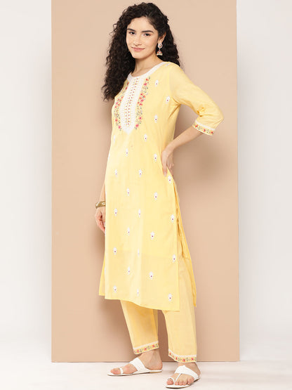 Women's Yellow Solid Straight Kurta Trouser And Dupatta Set