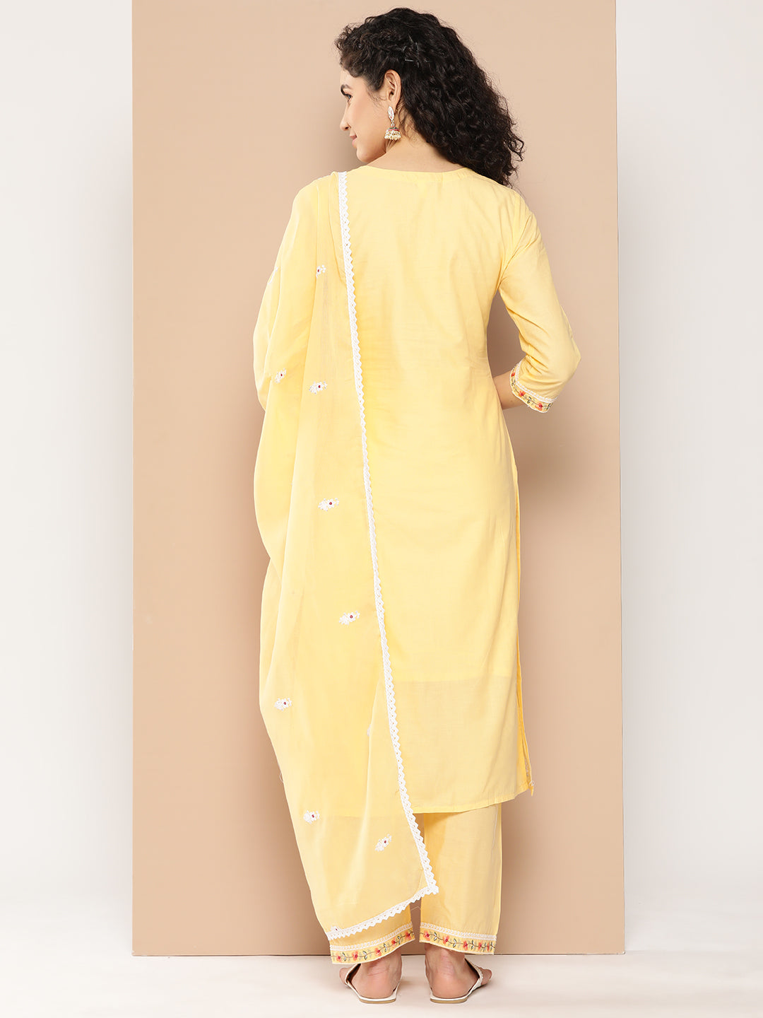 Women's Yellow Solid Straight Kurta Trouser And Dupatta Set