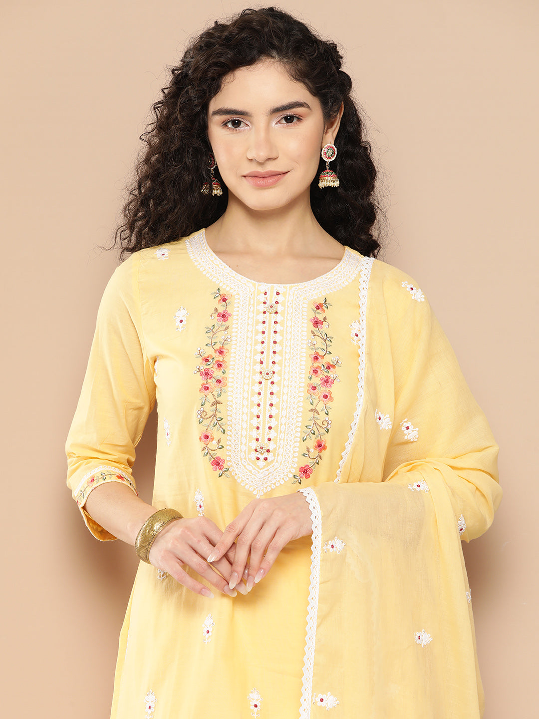 Women's Yellow Solid Straight Kurta Trouser And Dupatta Set
