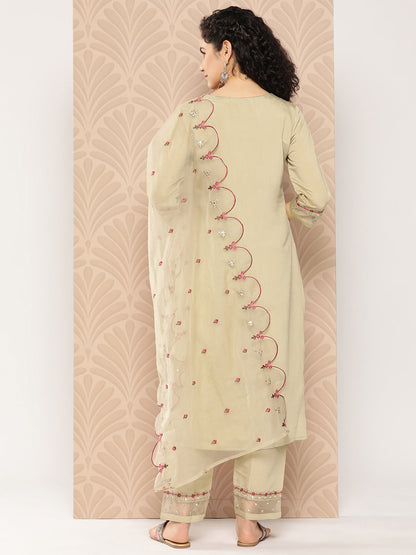 Women's Olive Green Solid Straight Kurta Trouser And Dupatta Set