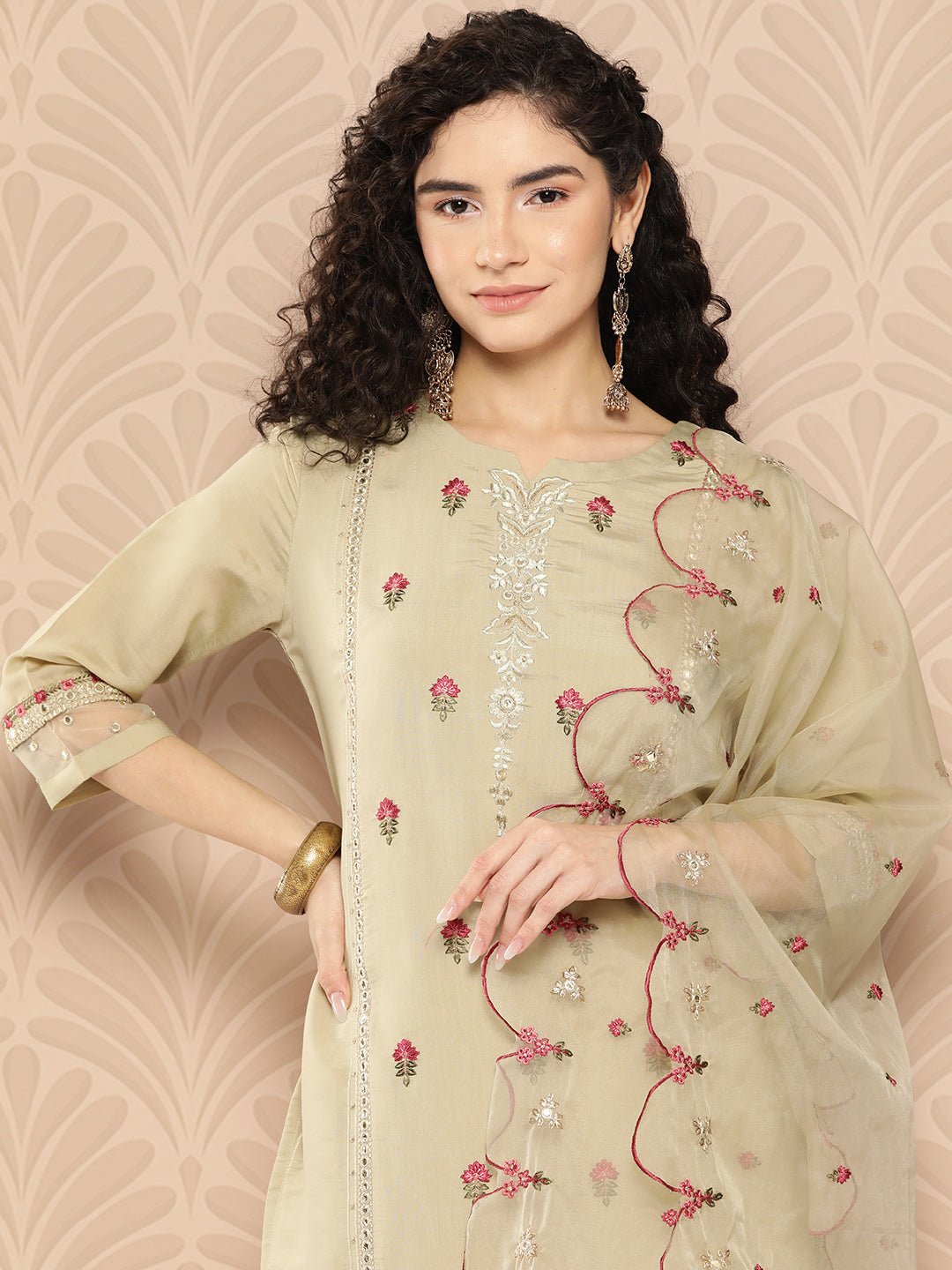 Women's Olive Green Solid Straight Kurta Trouser And Dupatta Set