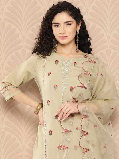 Women's Olive Green Solid Straight Kurta Trouser And Dupatta Set