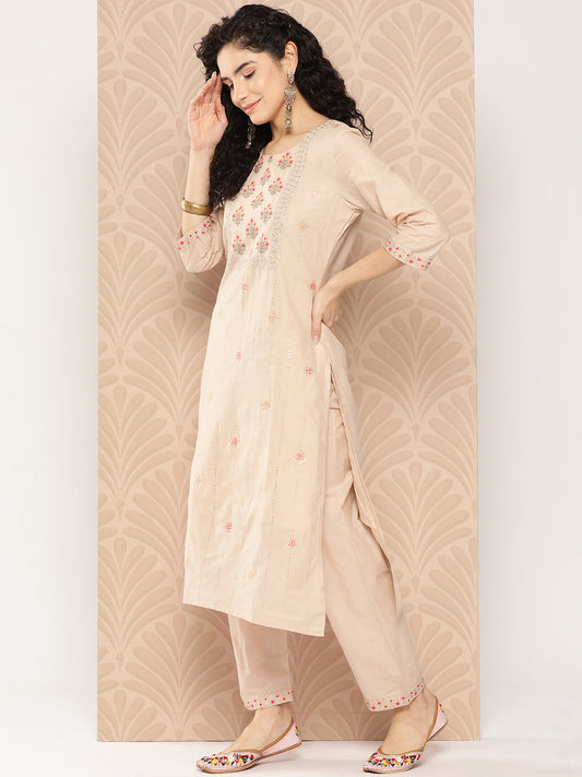 Women's Beige Solid Straight Kurta Trouser And Dupatta Set