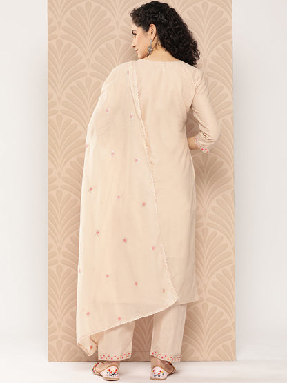 Women's Beige Solid Straight Kurta Trouser And Dupatta Set