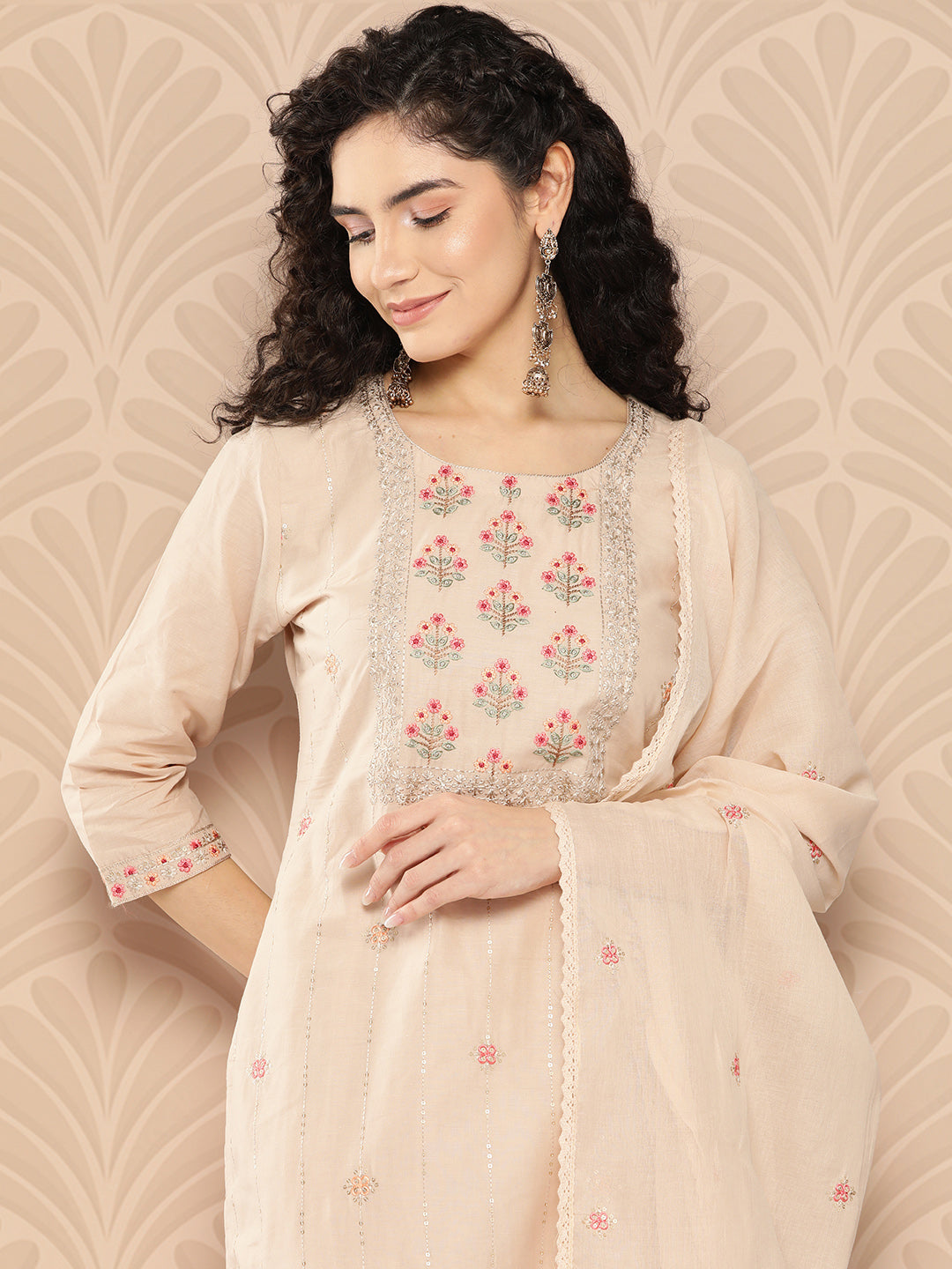 Women's Beige Solid Straight Kurta Trouser And Dupatta Set