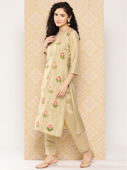 Women's Olive Solid Straight Kurta Trouser And Dupatta Set