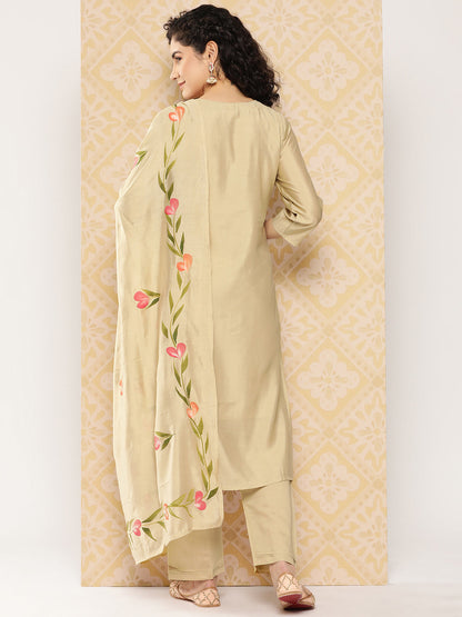 Women's Olive Solid Straight Kurta Trouser And Dupatta Set