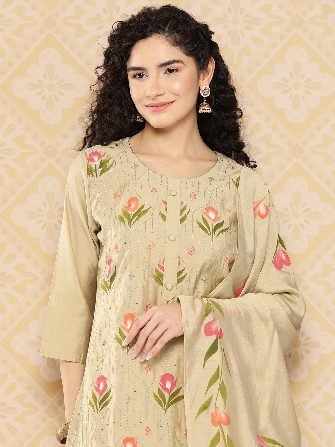 Women's Olive Solid Straight Kurta Trouser And Dupatta Set