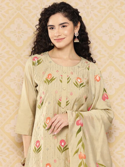 Women's Olive Solid Straight Kurta Trouser And Dupatta Set