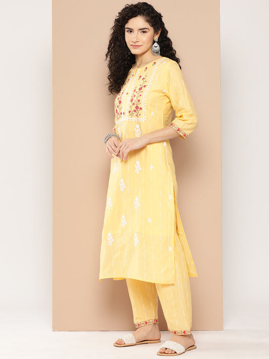 Women's Yellow Solid Straight Kurta Trouser And Dupatta Set
