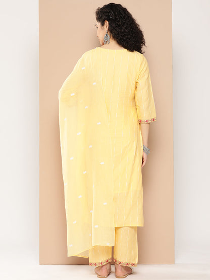 Women's Yellow Solid Straight Kurta Trouser And Dupatta Set