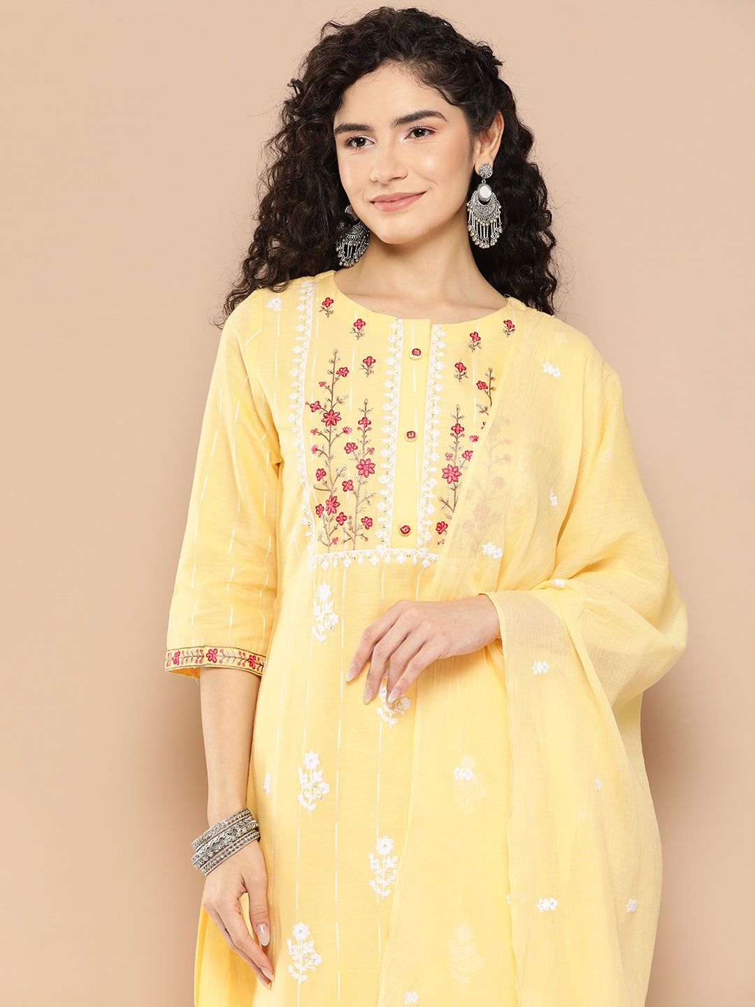 Women's Yellow Solid Straight Kurta Trouser And Dupatta Set