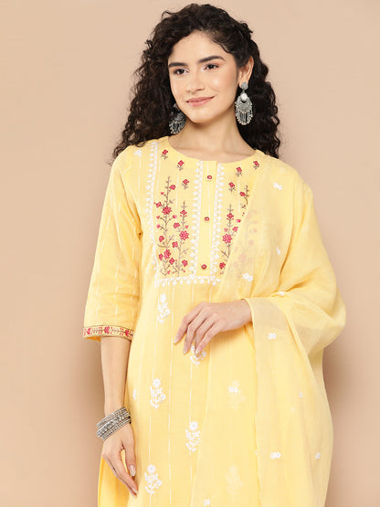 Women's Yellow Solid Straight Kurta Trouser And Dupatta Set